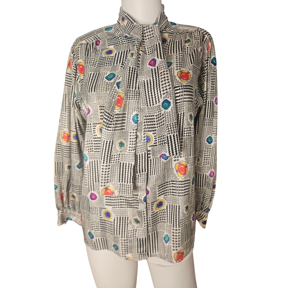 Evan-Picone Petites Vintage Tie Neck Blouse Jewel Houndstooth Print Size 6 White